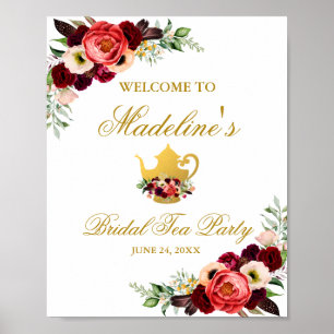 Poster Boa vinda nupcial Dourado floral do tea party de
