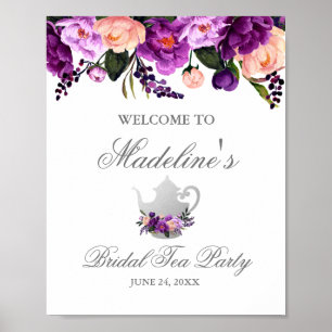 Poster Boa vinda roxa floral do tea party do chá de