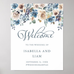 Poster Boa vinda Wedding floral neutra e azul