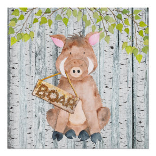 Póster Boar- Woodland Friends - Ilustração Watercolor