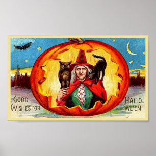 Póster Boas Desejos para Halloween, Coruja, Bruxa, Gato, 