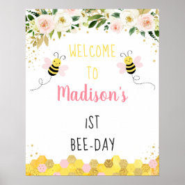 Poster Boas-vindas a Bee Dourado Floral Birthday Bee Day
