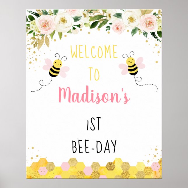 Poster Boas-vindas a Bee Dourado Floral Birthday Bee Day (Frente)
