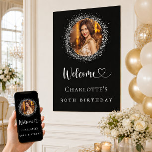 Poster Boas-vindas à foto da relva preta de aniversário