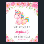 Poster Boas-vindas à primeira Festa de aniversário do Uni<br><div class="desc">Sinal de boas-vindas de um unicórnio rosa personalizado para a festa de aniversário de uma menina. Feita para corresponder à minha Coleção Unicórn. Se tiver perguntas ou pedidos,  por favor,  não hesite em contactar-me.</div>