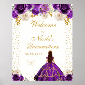 Poster Boas-vindas à Princesa Floral Roxa Quinceañera