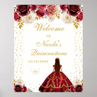 Poster Boas-vindas à Princesa Floral Vermelha Quinceañera
