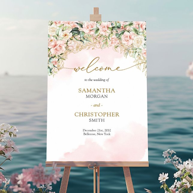 Poster Boas-vindas a rosas cor-de-rosa macia e casamentos (Elegant soft pink roses greenery and gold wedding welcome sign)