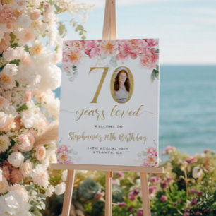 Póster Boas-vindas ao 70 de Foto Floral, rosa e Dourada