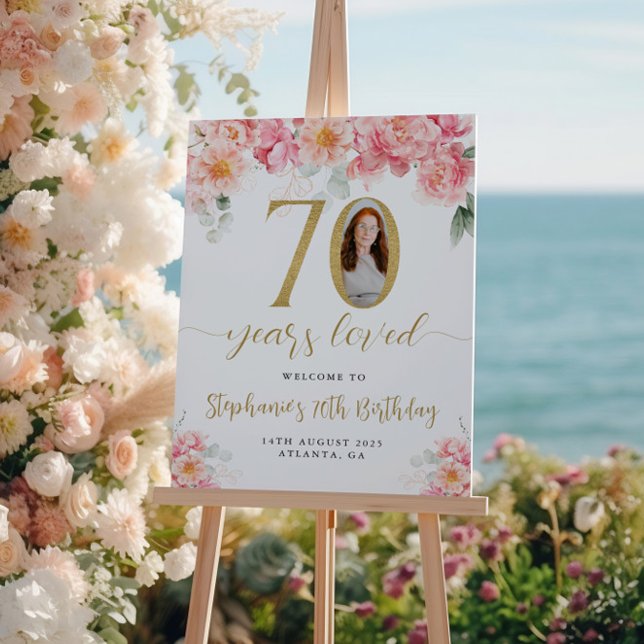 Póster Boas-vindas ao 70 de Foto Floral, rosa e Dourada (Criador carregado)