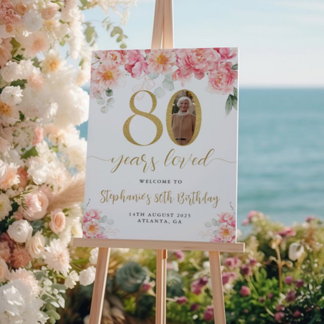 Póster Boas-vindas ao 80 de Foto Floral Rosa E Dourada (Criador carregado)