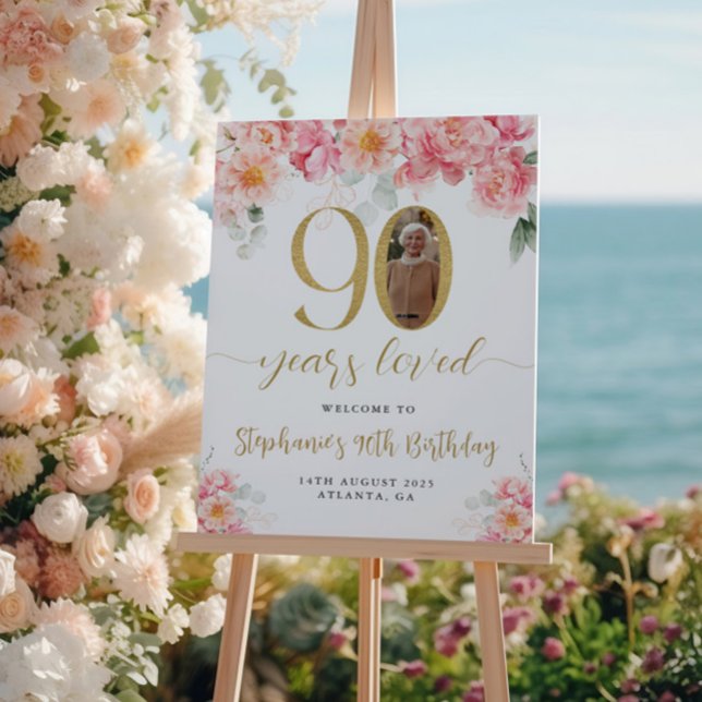 Póster Boas-vindas ao 90 de Foto Floral Rosa E Dourada (Criador carregado)