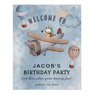 Póster Boas-vindas ao aniversário do menino do avião aqua