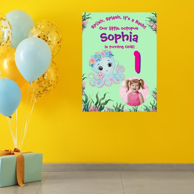 Poster Boas-vindas ao Aniversário do Octopus Floral Branc (Criador carregado)