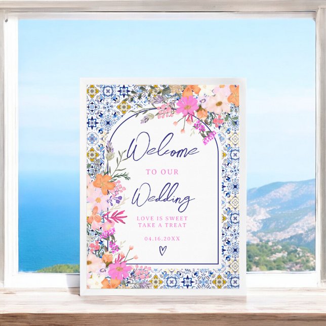 Poster Boas-vindas ao azulejo azul-italiano para o casame (Italian blue tile floral chic wedding welcome poster)