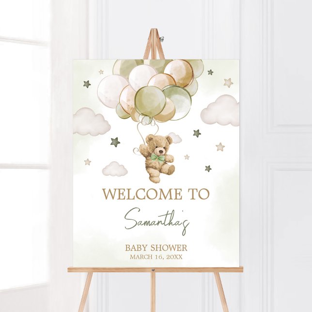 Poster Boas-vindas ao Balão Verde de Espera (Gender Neutral Bear Balloons Baby Shower Welcome Sign)