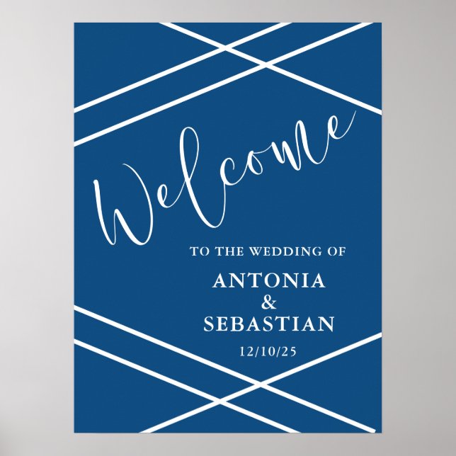 Poster Boas-vindas ao casamento azul moderno (Frente)
