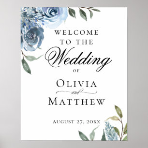 Poster Boas-vindas ao Casamento Botânico Azul Elegante