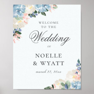 Poster Boas-vindas ao Casamento Botânico Azul-Elegante