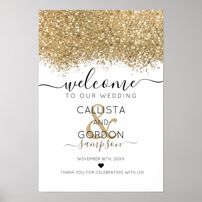 Poster Boas-vindas ao Casamento Confetti, Dourado Glitter (Frente)