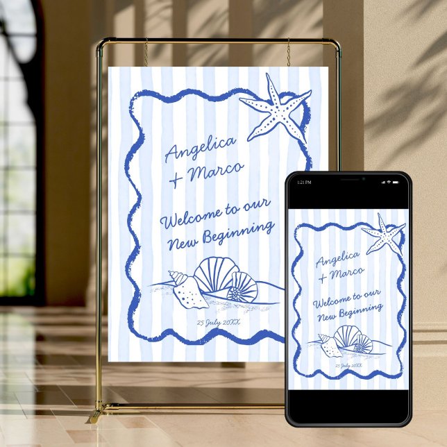 Poster Boas-vindas ao casamento da praia da costa da onda (Seashells handrawn blue wavy border beach wedding welcome poster template instant download)