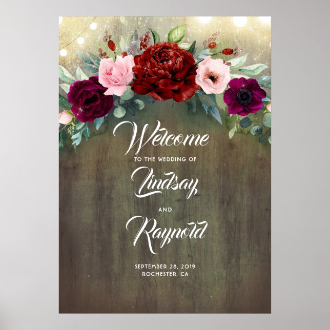 Poster Boas-vindas ao Casamento da Rússia Floral Burgundy (Frente)