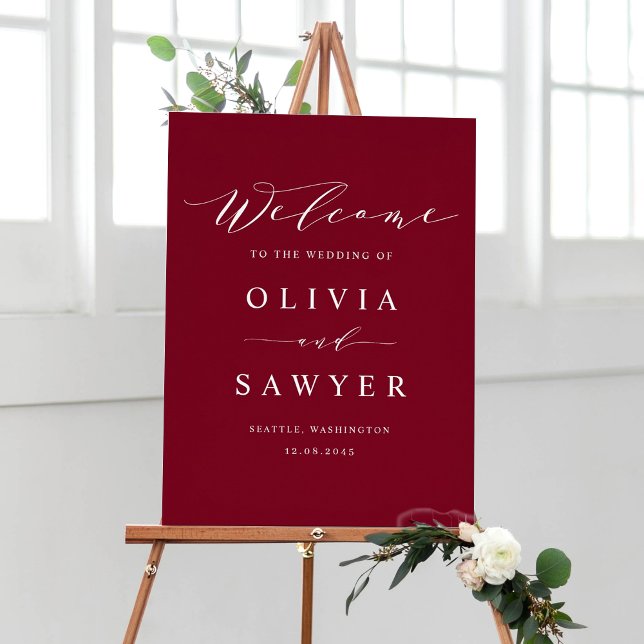 Poster Boas-vindas ao Casamento de Borgonha com Script Mi (Customizable burgundy minimalist script wedding welcome sign)