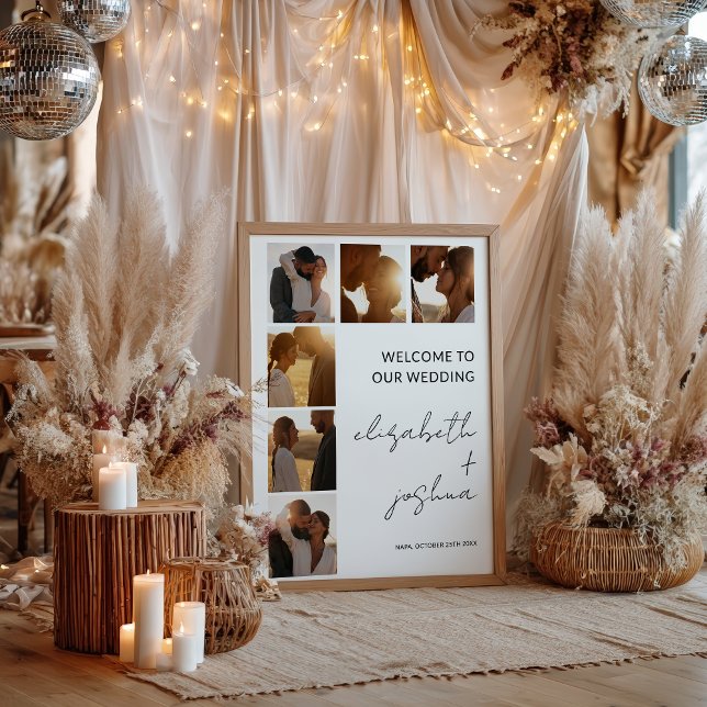 Poster Boas-vindas ao casamento de fotos com nome minimal (Modern Minimalist Name Photo Grid Wedding Welcome Poster)