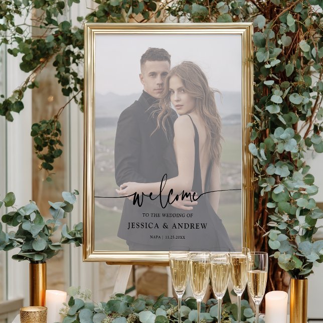 Poster Boas-vindas ao casamento de fotos com script Elega (Modern Elegant Script Photo Wedding Welcome Poster)