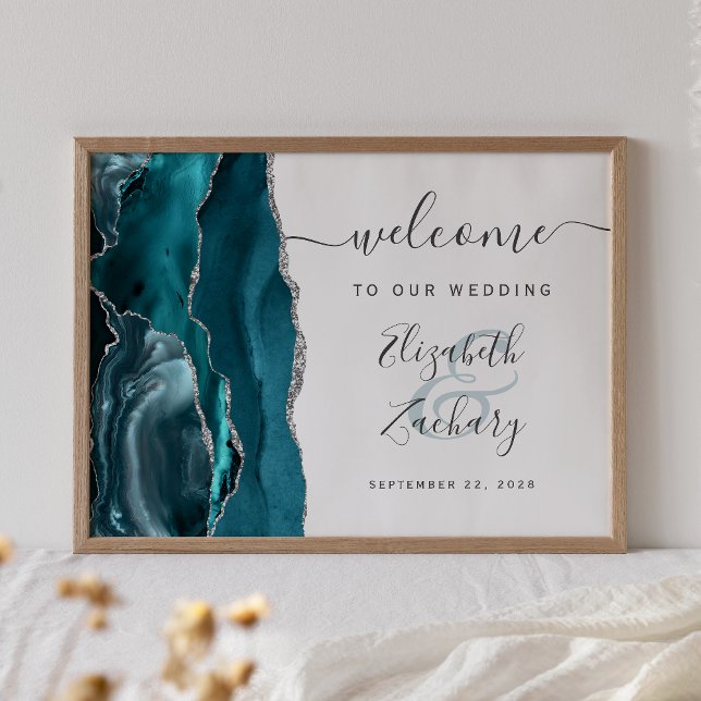 Poster Boas-vindas ao Casamento de Script Teal Silver (Criador carregado)