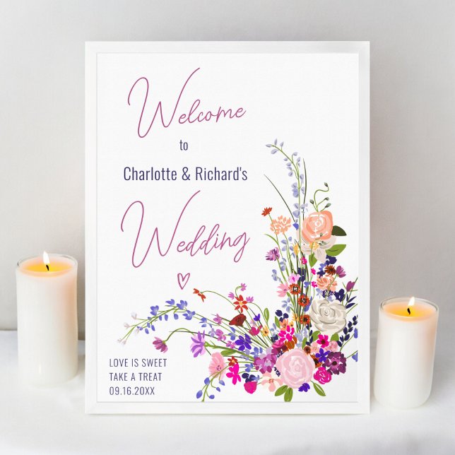 Poster Boas-vindas ao casamento do guião das flores selva (Modern wild flowers script wedding welcome poster)