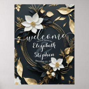 Poster Boas-vindas ao casamento Dourado Floral Branco Neg