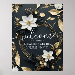 Poster Boas-vindas ao casamento Dourado Floral Branco Neg