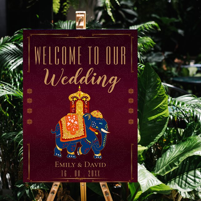 Poster Boas-vindas ao casamento Dourado Vermelho (Red Gold Traditional Indian Wedding Welcome Poster)
