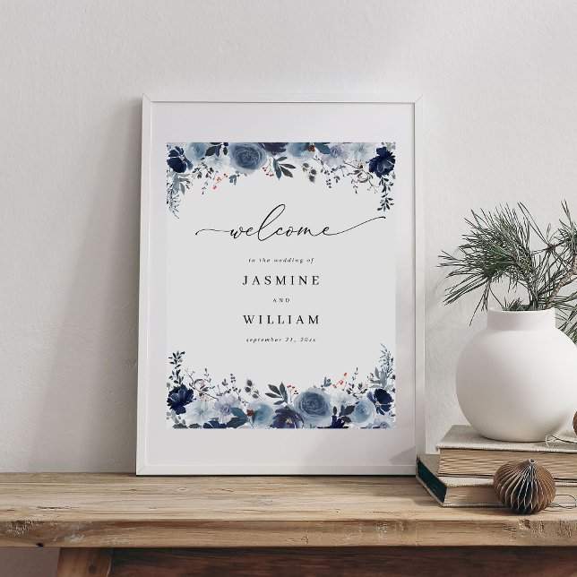 Poster Boas-vindas ao Casamento Floral Azul e Marinho 2 (Criador carregado)