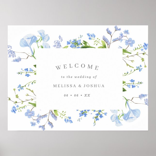 Poster Boas-vindas ao Casamento Floral Azul Elegante (Frente)