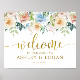 Poster Boas-vindas ao Casamento Floral Azul Pastel