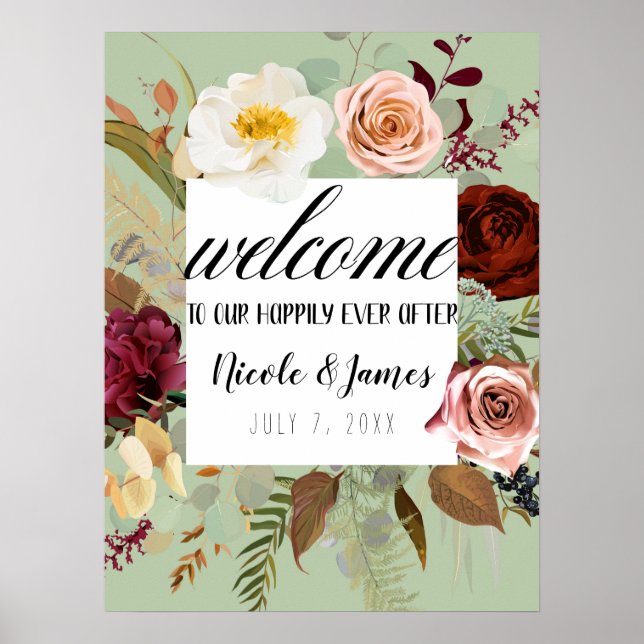 Poster Boas-vindas ao Casamento Floral Bloom do País Verd (Frente)