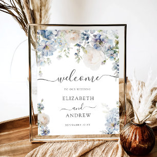 Poster Boas-vindas ao Casamento Floral Branco e Azul Chic