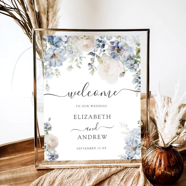 Poster Boas-vindas ao Casamento Floral Branco e Azul Chic (Criador carregado)