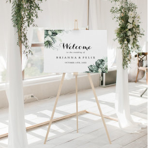 Poster Boas-vindas ao Casamento Floral Branco Verde Tropi