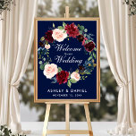 Poster Boas-vindas ao Casamento Floral da Borgonha Azul<br><div class="desc">Elegante Watercolor Burgundy Marsala e Blue Floral Wreath Poster</div>