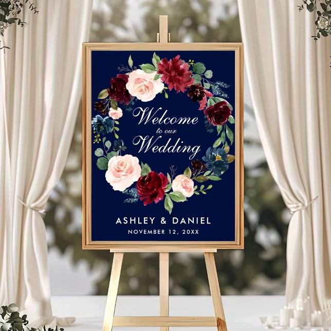 Poster Boas-vindas ao Casamento Floral da Borgonha Azul (Customize to change text color, text size, text style or size of poster.)