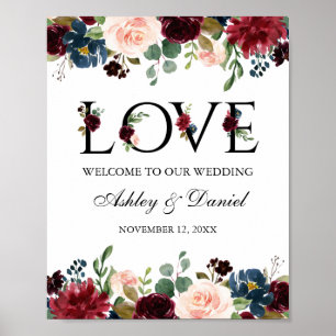 Poster Boas-vindas ao Casamento Floral de Amor Azul Burgu