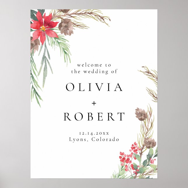 Poster Boas-vindas ao Casamento Floral de Natal Elegante  (Frente)