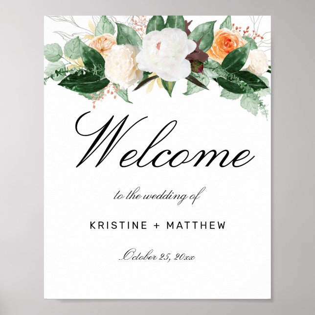 Poster Boas-vindas ao Casamento Floral de Peach Watercolo (Frente)