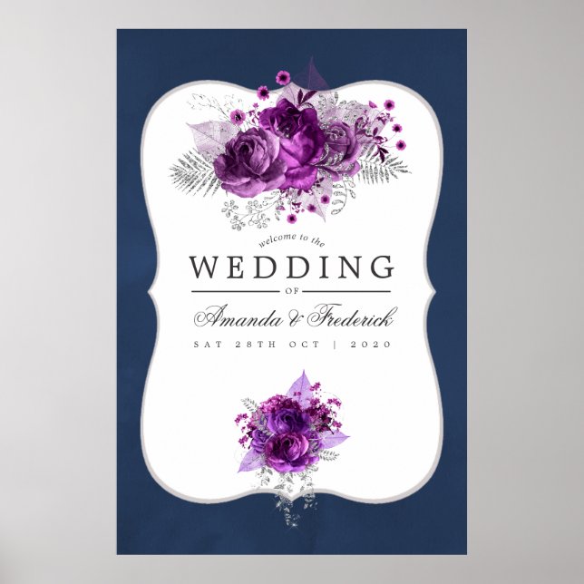 Poster Boas-vindas ao Casamento Floral de Plum e Marinho  (Frente)