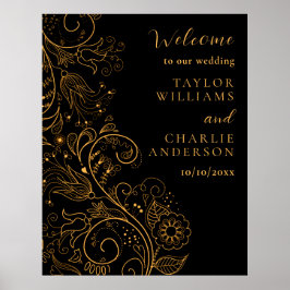 Poster Boas-vindas ao Casamento Floral Elegante Dourado e
