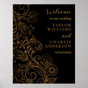 Poster Boas-vindas ao Casamento Floral Elegante Dourado e