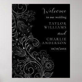 Poster Boas-vindas ao Casamento Floral Elegante Negra